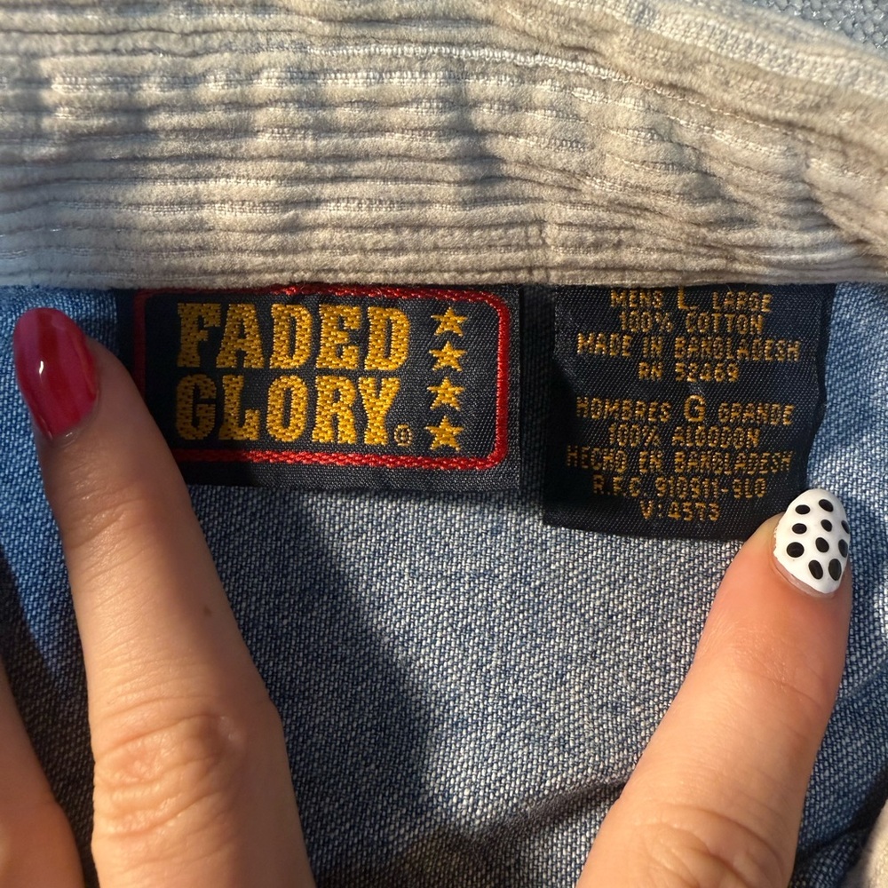 Faded Glory Light Blue Denim Shirt with Corduroy Collar - Picture 2 of 3